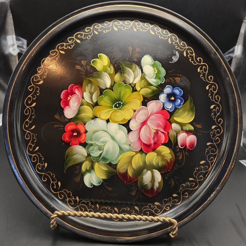 Metal Tray Zhostovo Hand Painted Early 19th Cen. Unique Russion Folk Art